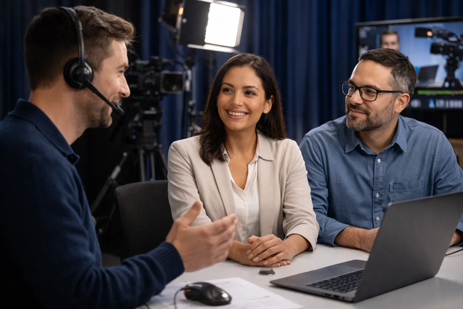 Accompagnement d'intervenants : l'équipe de production prépare les orateurs avant le direct