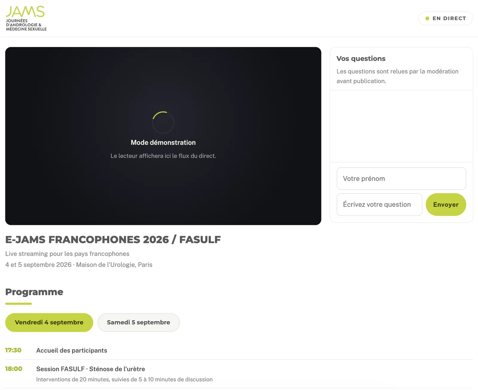 Exemple réel : page de diffusion d'un congrès médical avec lecteur, salon de questions modérées et programme