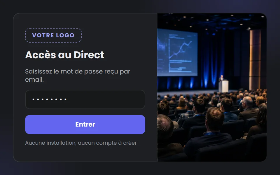 Page d'accès au Direct par mot de passe, sans installation ni compte