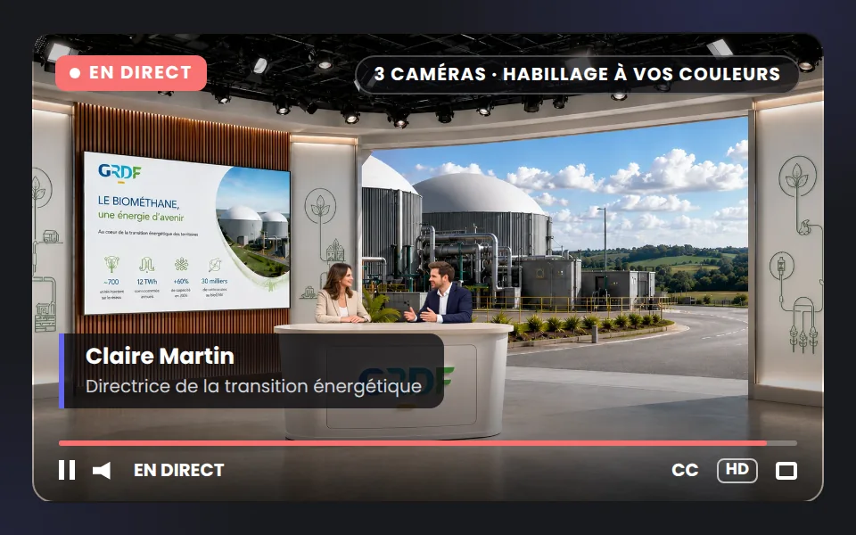 Réalisation à plusieurs caméras avec habillage aux couleurs de l'organisateur et synthé de l'intervenante