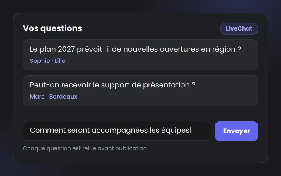 Le salon de questions vu par le spectateur : questions publiées et champ de saisie