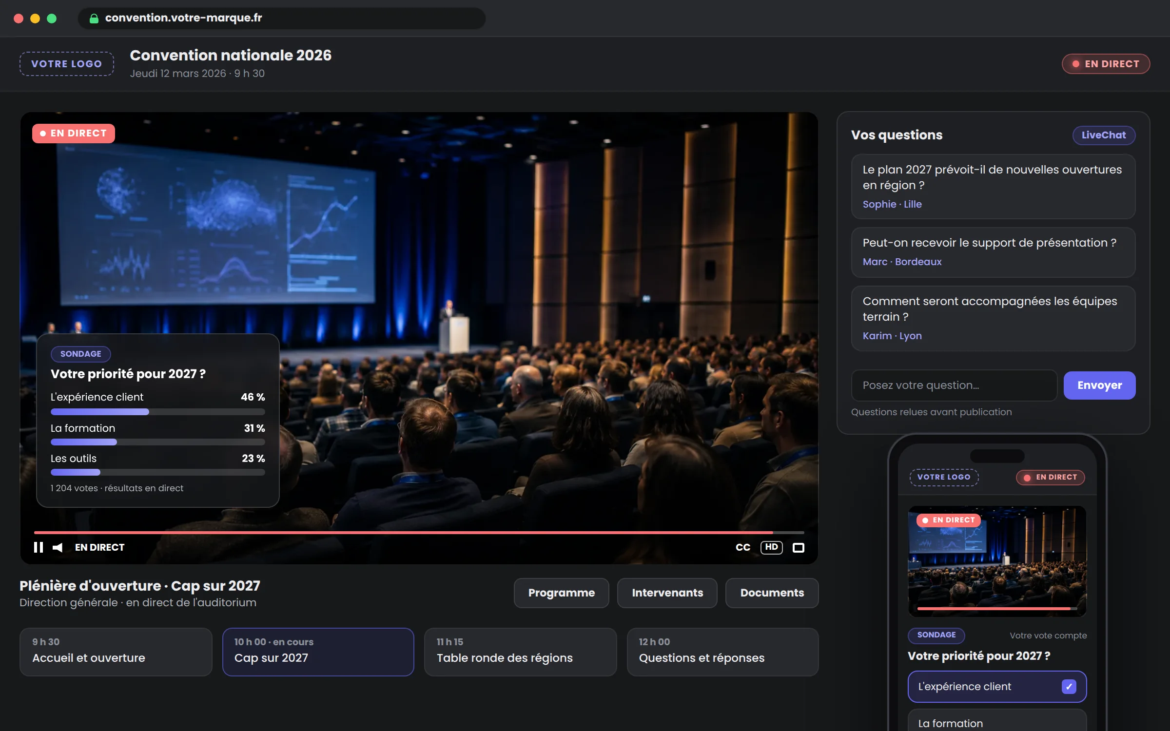 La plateforme de votre événement vue par vos spectateurs : lecteur en Direct, sondage en surimpression, questions modérées, sur ordinateur et sur mobile