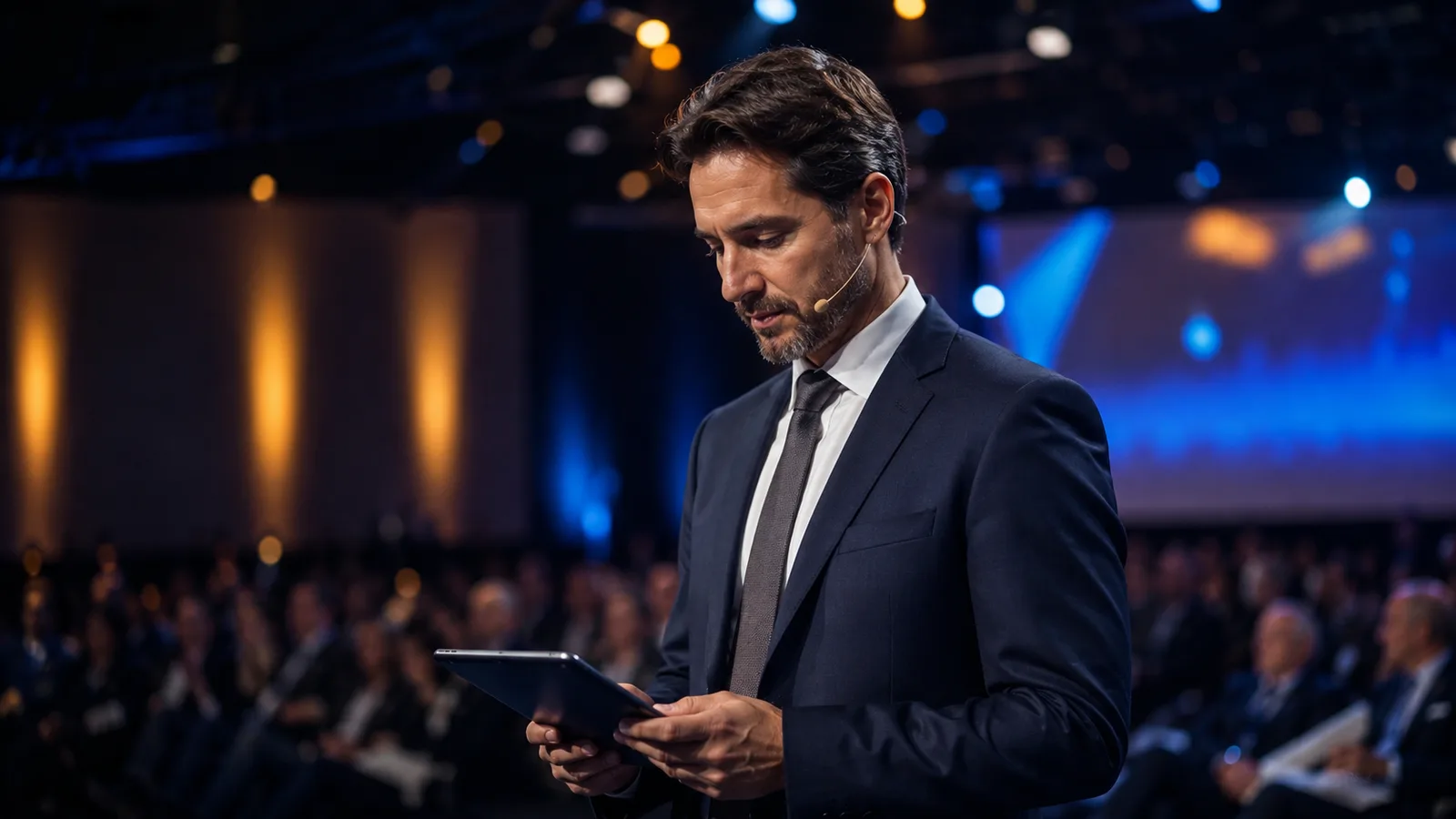 Prompteur de questions sur la tablette de l'animateur, la salle en arrière-plan
