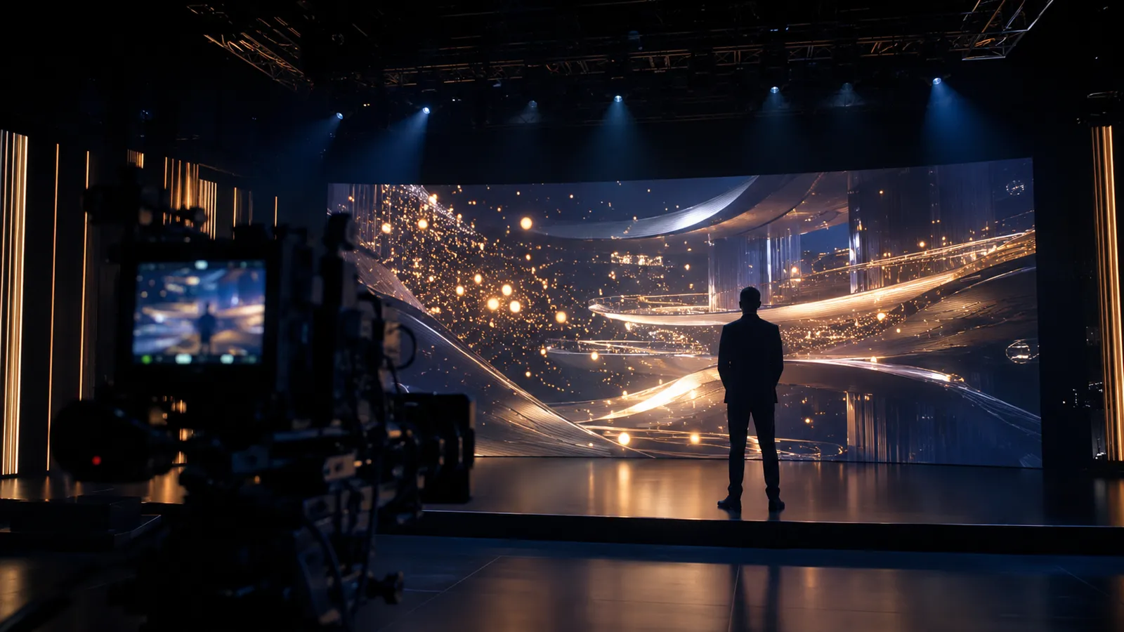 Plateau de production virtuelle : présentateur devant un décor 3D immersif sur mur d'images
