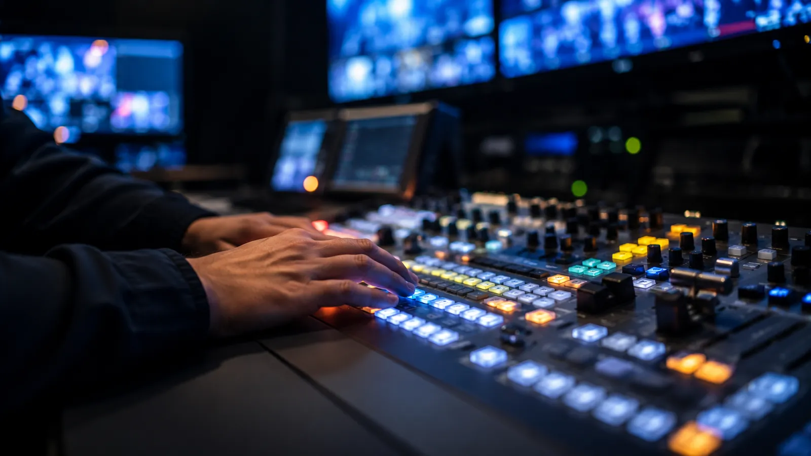 Mains d'un réalisateur sur le mélangeur vidéo de la régie de diffusion
